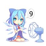 (9) 1girl aoi_tsunami blue_eyes blue_hair blush bow cirno dress electric_fan hair_bow highres looking_at_viewer mouth_hold panties popsicle short_hair simple_background sitting solo speech_bubble touhou underwear wariza white_background wings 