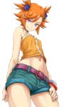  1girl belt bracelet breasts captain_earth denim denim_shorts hair_ornament hand_on_hip iguchi_(strawmat) jewelry looking_down midriff navel orange_hair short_hair shorts smile solo tank_top violet_eyes yomatsuri_akari 