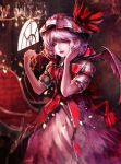  1girl alternate_costume bat_wings blood blurry chair chandelier depth_of_field dress hand_on_own_face hat hat_ribbon indoors jewelry mob_cap more3604 necklace pendant pink_hair red_eyes remilia_scarlet ribbon short_sleeves skirt slit_pupils solo touhou vampire wings 