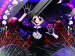  1girl against_glass akemi_homura akuma_homura black_dress black_hair blood bloody_tears bowtie broken_glass depressed dress floating_hair flower glass hairband long_hair looking_at_viewer mahou_shoujo_madoka_magica open_mouth pale_skin panier2 red_eyes sleeves_rolled_up solo tagme 