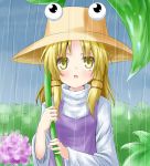  1girl :o blonde_hair hat leaf_umbrella moriya_suwako nyifu rain short_hair touhou wide_sleeves yellow_eyes 