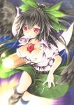  1girl :q arm_cannon black_hair black_wings bow breasts funnyfunny hair_bow long_hair red_eyes reiuji_utsuho solo third_eye tongue tongue_out touhou weapon wings 