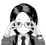  1girl adjusting_glasses blush dress_shirt forehead glasses low_twintails monochrome necktie original shirabi_(life-is-free) shirt simple_background smile solo sweater twintails watch watch white_background 