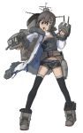  &gt;:o 1girl :o alternate_costume black_hair coat ergot faux_traditional_media finger_on_trigger fubuki_(kantai_collection) hair_ornament hairclip highres kantai_collection navel ponytail shoes short_hair shorts simple_background solo tagme thigh-highs turret white_background zettai_ryouiki 