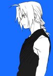  1boy black_shirt blue_background braid edward_elric expressionless eyebrows_visible_through_hair fullmetal_alchemist long_hair looking_away male_focus monochrome riru shirt sleeveless standing 