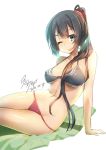  1girl 2014 ;p agano_(kantai_collection) azalanz bikini black_hair breasts dated grey_eyes kantai_collection long_hair looking_at_viewer one_eye_closed personification ponytail simple_background solo swimsuit tongue white_background wink 