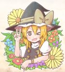  &gt;_o 1girl alison_(alison_air_lines) blonde_hair blush bow braid flower hair_bow hat kirisame_marisa one_eye_closed side_braid solo touhou v wink witch_hat 