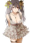  breasts cleavage cross cross_necklace dress earrings grey_dress grey_hair grey_legwear hair_ornament jewelry k-xaby long_hair looking_away necklace original red_eyes ribbon single_thighhigh sleeveless sleeveless_dress striped striped_legwear thigh-highs twintails 