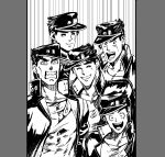  5boys drawr hat jojo_no_kimyou_na_bouken kuujou_joutarou laughing multiple_boys multiple_persona parody tkd_dkt 