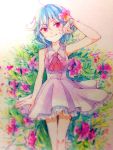  1girl adapted_costume arm_at_side ascot background dress flower flower_on_head hair_flower hair_ornament lavender_hair looking_at_viewer miniskirt pink_dress red_eyes remilia_scarlet skirt sleeveless sleeveless_dress smile standing touhou 