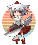  animal_ears chibi detached_sleeves geta hat inubashiri_momiji rainbow_background red_eyes sandals short_hair silver_hair solo sword tail tengu-geta tokin_hat touhou walkure weapon wolf_ears wolf_tail 