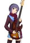  brown_eyes cardigan checkered guitar headphones highres instrument lips m874 nagato_yuki purple_hair scarf school_uniform short_hair solo suzumiya_haruhi_no_yuuutsu thigh-highs thighhighs tissue_princess 