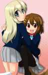  animal_ears blonde_hair blue_eyes brown_hair collar dog_ears dog_tail eyebrows hand_holding highres hirasawa_yui holding_hands izuko k-on! kotobuki_tsumugi long_hair looking_back multiple_girls pantyhose red_eyes school_uniform short_hair tail 