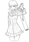  choker earrings jewelry masn_(moxi) miniskirt monochrome moxi persona persona_3 ribbon school_uniform short_hair skirt smile solo takeba_yukari 