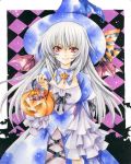  bat_wings checkered dress fragran0live hat long_hair pink_eyes pumpkin rozen_maiden silver_hair smile solo suigintou traditional_media wings witch_hat 