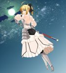  armor armored_dress back bad_id blonde_hair bow dress fate/stay_night fate/unlimited_codes fate_(series) green_eyes highres looking_back ponytail saber saber_lily solo swimmer? sword weapon 