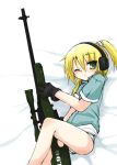 bad_id between_legs blonde_hair bottomless ear_protection gloves green_eyes gun iris_(material_sniper) lying material_sniper no_pants on_side panties ponytail rifle scope sniper_rifle solo striped striped_panties underwear weapon wink 