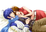  1girl blue_hair brown_eyes brown_hair couple hamura_mayu hug kaito lying meiko scarf short_hair smile vocaloid 