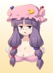  bespectacled blueberry_(5959) breasts cleavage crescent glasses hat long_hair patchouli_knowledge purple_eyes purple_hair solo touhou violet_eyes 
