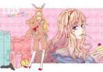  blonde_hair blue_eyes bunny_ears cake closed_eyes food gift long_hair macross macross_frontier pastry rabbit_ears rama sheryl_nome stuffed_animal stuffed_toy teddy_bear 