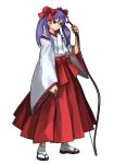  arrow bow bow_(weapon) detached_sleeves hair_ribbon hiiragi_kagami japanese_clothes kimono long_hair lucky_star masn_(moxi) miko moxi purple_eyes purple_hair ribbon sandals smile socks solo tsurime twintails violet_eyes weapon 