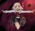  blonde_hair hair_ornament hair_ribbon hitsuji_(pixiv) midriff moon navel outstretched_arms ram_hachimin red_eyes red_moon ribbon rumia skirt solo spread_arms touhou 