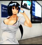  black_hair bra_strap breasts cellphone cleavage commentary foxhound highres huge_breasts letterboxed long_hair onibi_(foxhound4185) original phone red_eyes see-through solo talking_on_phone 