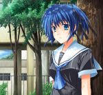  blue_eyes blue_hair hair_ribbon lowres original ribbon ryouta school_uniform solo tree twintails 