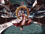  alternate_costume anklet blue_hair breasts bridal_gauntlets circle_a cleavage feet glowing glowing_eyes jewelry mirror onbashira purple_hair red_eyes sandals shimenawa sitting snake solo toeless_socks touhou yasaka_kanako 