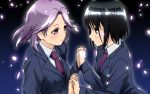  green_eyes hand_holding holding_hands kajiki_yumi purple_hair red_eyes saki school_uniform touyoko_momoko 