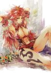  abs breasts brown_eyes bushy_hair cleavage hands_behind_head leather long_hair panties pantyshot queen&#039;s_blade redhead rishi risty sitting smile tattoo wall watercolor 