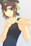  bad_id brown_hair finger_to_mouth foreshortening green_eyes hands hat idolmaster one-piece_swimsuit qaz solo swimsuit 