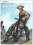  america blonde_hair boots capcom dog_tags earrings from_behind guile helmet jewelry looking_back male managa motor_vehicle motorcycle solo street_fighter tattoo vehicle 