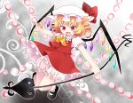  ascot bad_id blonde_hair bobby_socks chaba_(hortensia) danmaku drill_hair fang flandre_scarlet hat laevatein open_mouth outstretched_arm pokka red_eyes short_hair side_ponytail skirt skirt_set socks solo touhou wings 