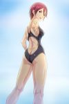  blurry brown_eyes competition_swimsuit depth_of_field highres looking_back one-piece_swimsuit red_hair redhead short_hair swimsuit zouni_(xavier) 