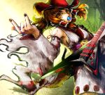  \m/ alternate_costume brown_eyes brown_hair candy cowboy_hat detached_sleeves electric_guitar flying_v guitar hakurei_reimu hat instrument inuboe lollipop mouth_hold nail_polish solo touhou western 