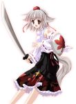  absurdres animal_ears bare_shoulders detached_sleeves hat highres inubashiri_momiji leaf maple_leaf red_eyes shield short_hair silver_hair solo sword tail takkayuuki tokin_hat touhou weapon wolf_ears wolf_tail 