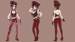  breasts brown_eyes brown_hair character_sheet cleavage collar fingerless_gloves gloves hat hirabaru_kenji kneepits leather meiko midriff peaked_cap short_hair simple_background smile turnaround vocaloid 