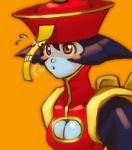  1girl blue_skin breasts brown_eyes cleavage cleavage_cutout darkstalkers hat jiangshi lei_lei lowres orange_background solo vampire_(game) 