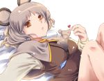  atoki between_breasts breasts brown_eyes capelet grey_hair heart jewelry lying mouse mouse_ears nazrin pendant short_hair solo touhou 