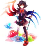  &gt;:) az azuma_aya black_hair black_legwear houjuu_nue messy_hair pigeon-toed polearm red_eyes ribbon short_hair simple_background snake solo standing thighhighs touhou trident ufo weapon wings zettai_ryouiki 