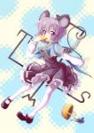  abyss_of_parliament animal_ears basket capelet cheese dress eating grey_hair highres jewelry mary_janes mouse mouse_ears mouse_tail nazrin north_abyssor pantyhose pendant red_eyes shoes short_hair solo tail touhou white_legwear 