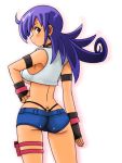  1girl blush brown_eyes duel_masters hotpants long_hair purple_hair shorts smile solo tasogare_mimi tsumitani_daisuke underboob 