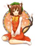  bad_id brown_eyes brown_hair cat_ears cat_tail chen earrings hat jewelry kokotetsu multiple_tails short_hair solo tail touhou 
