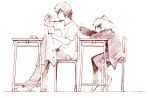  blazer desk graphite_(medium) monochrome pink poking sakaki_soshi school_uniform sewing sitting takasu_ryuuji thigh-highs thighhighs toradora! traditional_media 