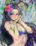  bra breasts flower hand_on_head highres idolmaster lingerie long_hair miura_azusa mosaic mosaic_art nababa photomosaic purple_eyes purple_hair solo underwear violet_eyes 