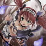  angry bow breasts brown_hair cleavage green_eyes hamoto queen&#039;s_blade queen's_blade solo thigh-highs thighhighs torn_clothes torn_thighhighs twintails 