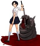  blood blood+ katana looking_back masn_(moxi) monster moxi otonashi_saya red_eyes school_uniform serafuku short_hair skirt solo sword weapon 