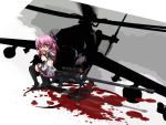  arukana bad_id blood bracelet candy eating gun helicopter jewelry lollipop long_hair looking_back mi-24 ntw-20 original pink_hair ponytail rifle scope sniper_rifle solo swirl_lollipop thigh-highs thighhighs weapon yellow_eyes 