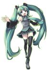  aqua_eyes aqua_hair bare_shoulders christinya detached_sleeves hands hatsune_miku headphones headset highres legs long_hair looking_at_viewer necktie open_mouth outstretched_arms simple_background singing solo spread_arms thigh-highs thighhighs twintails very_long_hair vocaloid zettai_ryouiki 